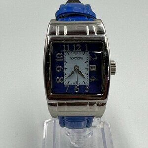 Rousseau Watch Women Silver Tone Square Dial Blue Leather Band New Battery 9"